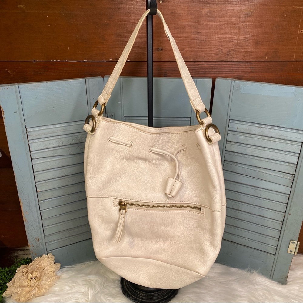 Fossil Off White Cowhide Leather Bucket Tote Bag Boho Classic